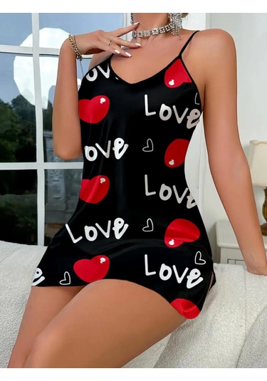 Hello Papana Hello Papana Love Desenli Siyah Saten Gecelik Çok Renkli