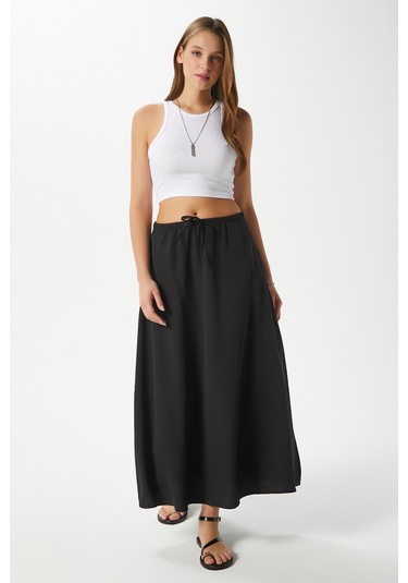 Kadın Trend Modal Serin Kumaş Siyah Bel Lastikli Cepli Rahat Kalıp Uzun Etek