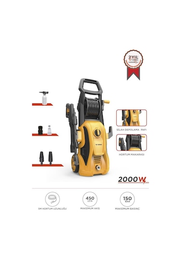 Torima Hpc-01 Sarı Yüksek Basınçlı Oto, Halı, Bahçe Temizleme Ve Yıkama Makinesi 2000w, 150 Bar Sarı