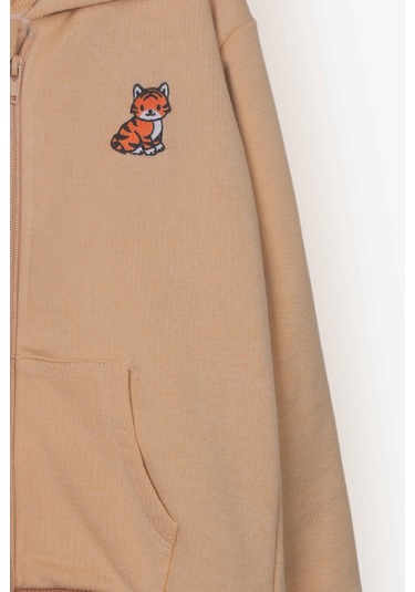 Luess Unisex Çocuk Kedi Nakışlı Fermuarlı Kapüşonlu Hırka Bej