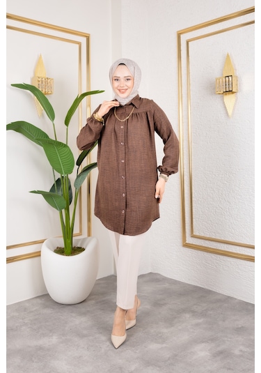 Önü Büzgülü Bilek Lastikli Tunik - Kahverengi / Ü104 Kahverengi