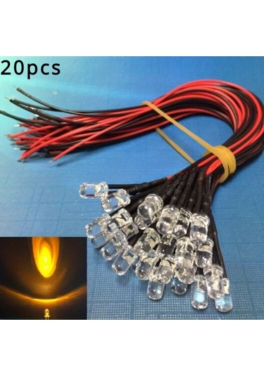 20 Adet Dc 12v Ön Kablolu 5mm Led Işık Lamba Ampulü Kablolu Yayan Diyotlar Şeffaf Sarı Mavi Yeşil Beyaz Kırmızı Sarı