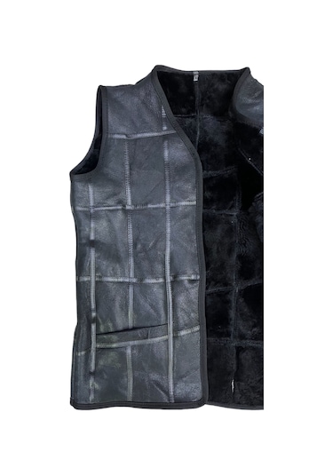 Patchwork Içi Kürk-Dışı Süet Hakiki Deri Biye Detaylı Yelek Siyah