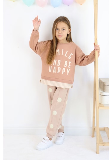 Kız Çocuk Smile And Happy Baskılı Kalın Eşofman Takımı Açık Kahverengi