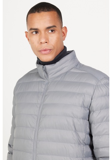 Erkek Grı Standart Fit Normal Kesim Dik Yaka Mont Gri