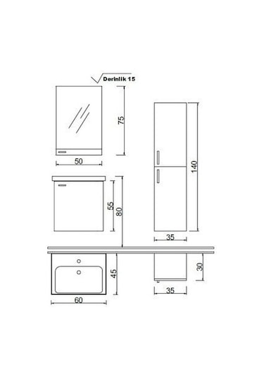 Denko Terra 60 Cm Banyo Dolabı Takımı Aynalı Üst Modülü Çok Renkli
