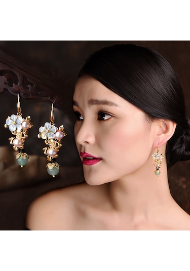 Wezone Zencefil Yeşili İpek Ve Siyah Mantar Boncuklu Klasik Çin Stili Uzun Küpe, Kadınlar İçin Modern Ve Dayanıklı Güzellik Aksesuarı Gold