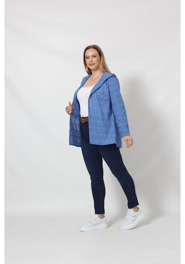 B029m Kapüşonlu Delikli Mevsimlik Ceket Mavi 001