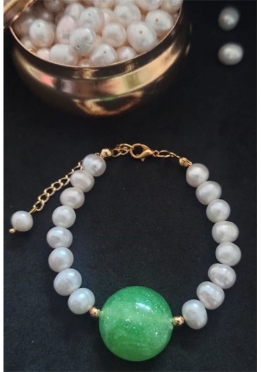 24k Altın Kaplama Gerçek İnci Zümrüt Yeşil Akrilk Detaylı Pırıltı Gold