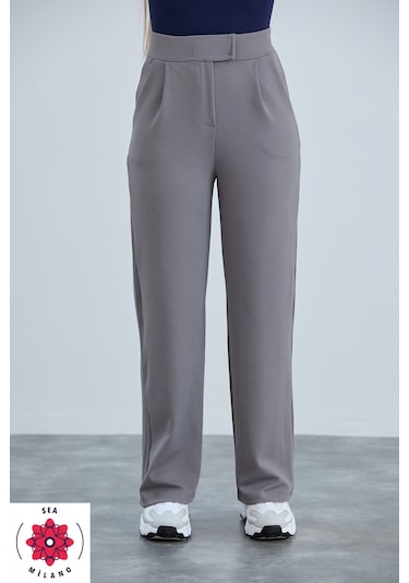 Kadın Gri Cırt Cırtlı Kapama Rahat Palazzo Likralı Esnek Beli Lastikli Pantolon Yüksek Bel Gri