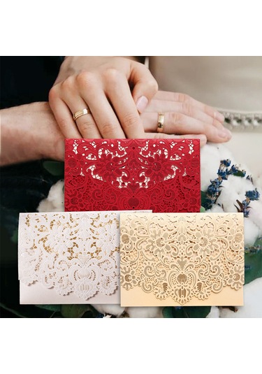 Shineyee 10 Adet Şampanya Renkli Delikli Desenli Davetiye Seti - Nişan, Düğün, Doğum Günü İçin Zarf + Kılıf + Boş İç Sayfa