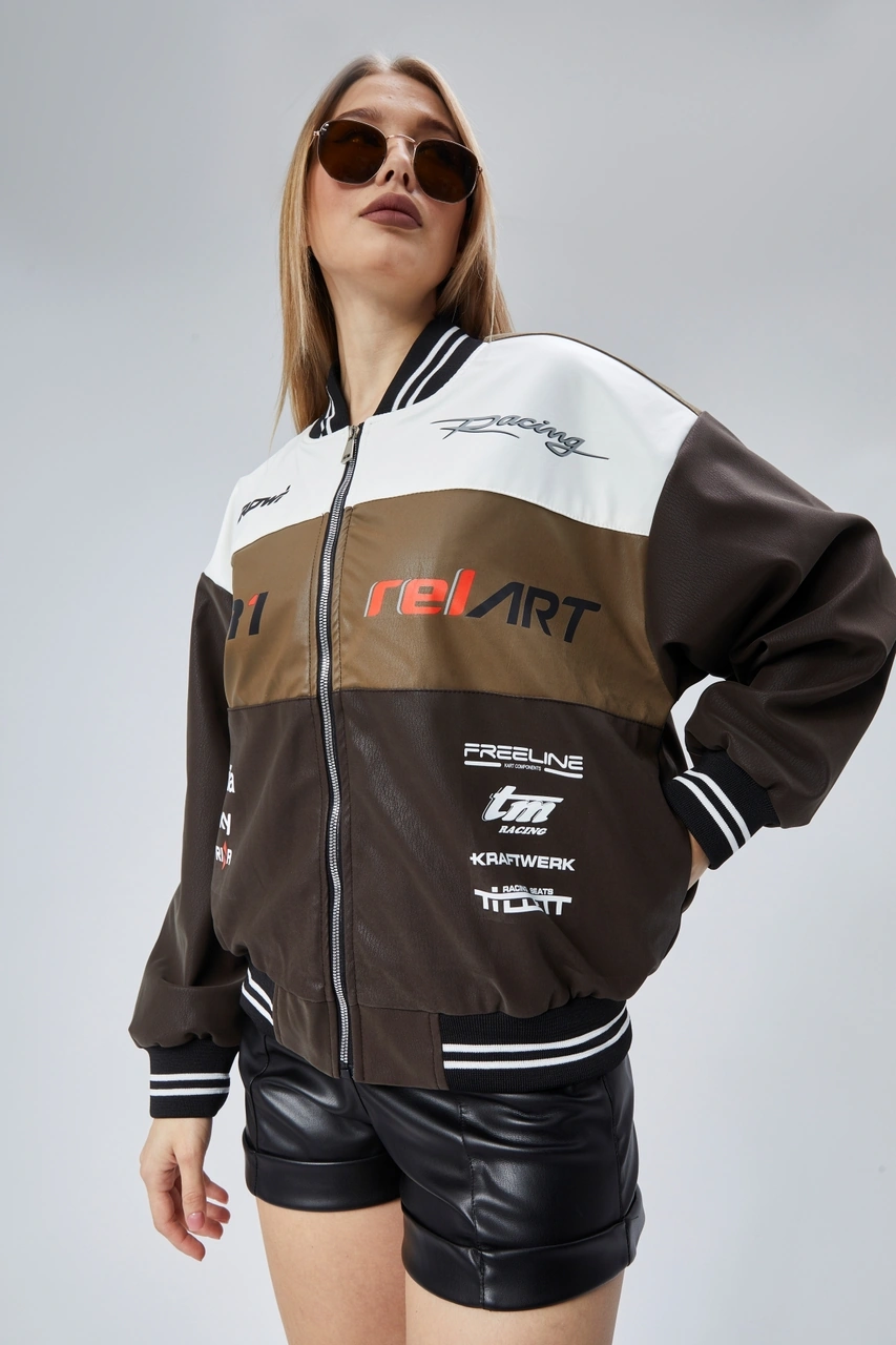 Kadın Oversize Baskılı Motorcu Yarışçı Montu Kolej Ceketi Kahverengi