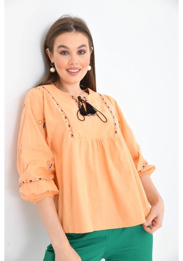 Kadın Bisiklet Yaka Balon Kol Otantik Nakış Detaylı Dokuma Bluz Turuncu