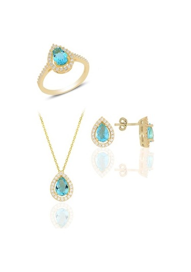 Gümüş Altın Yaldızlı Akuamarin Taşlı Damla Modeli Üçlü Set