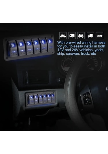 Motion003 Mavi 6 Pozisyonlu Anahtar Paneli 12v Spst Alüminyum Plaka Onceden Kablolu Led Aydinlatma Araba Karavan Tekne