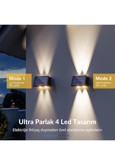 Technosmart 2adet Güneş Enerjili Çift Taraflı 4 Ledli Aplik Sarı Işık Duvar Lambası Bahçe Aydınlatma