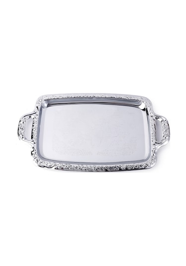 Wezone Stokta Çelik Tepsiler: Gümüş Kenarli Dikdörtgen Masaüstü Meyve-atıştırmalık Servis Ve Saklama Tabağı 40x23cm Diğer