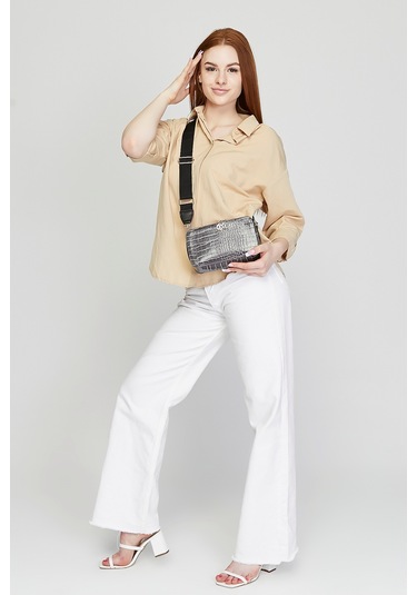 Morpelikan Gri Kroko İki Bölmeli Kadın Omuz Çantası Gri