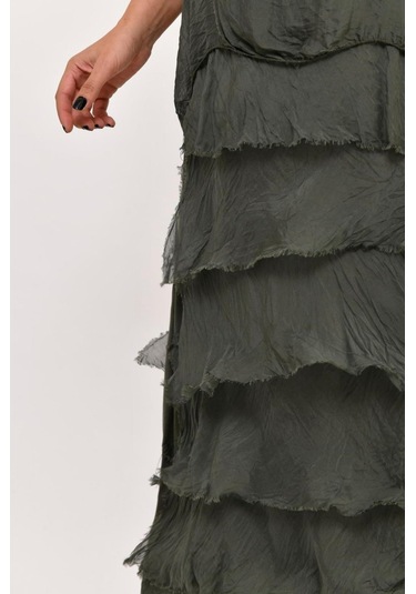 İtalyan 2 Beden İnce Gösteren Yarım Kol Kat Kat Ipek Elbise Koyu Haki