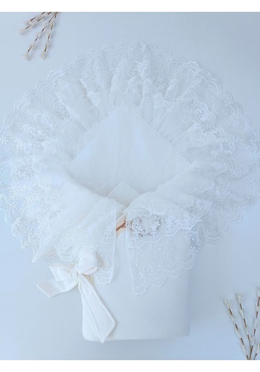 Dantelli Bebek Battaniyesi %100 Pamuklu Doğal Organik Uyku Kundağı Hediyelik Yenidoğan Mevlütlük Knd45516 Ekru