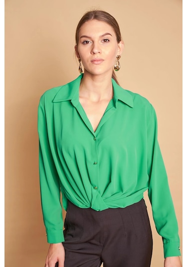 Yakalı Önü Pileli Uzun Kol Likrasız Şık Kumaş Gömlek-B.Yeşil B.Yeşili