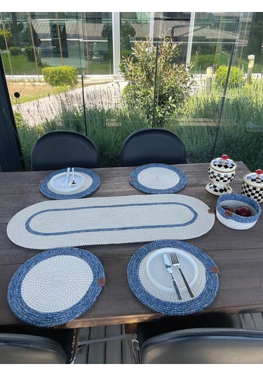 Doğal İp - Leke Tutmaz 6 Lı Masa Takımı 4 Amerikan Servis, 1 Runner, 1 Sepet - Şık Sofra Seti Beyaz/mavi