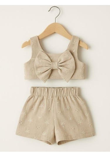 Kız Çocuk Crop Müslin Şortlu Takım-15972 Bej
