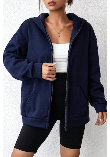 Modagen Unisex Lacivert Düz Renk Kapüşonlu Oversize Hırka Lacivert