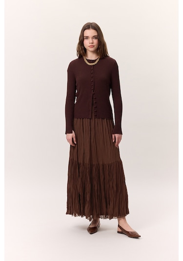 Crush Piliseli Uzun Etek Kahverengi Kahverengi