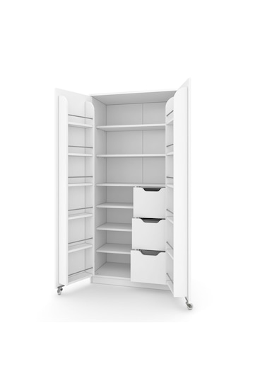 90 Derece Açılabilir 2 Kapaklı, 3 Çekmeceli, Kavanoz Raflı Kiler Ve Erzak Mutfak Dolabı Beyaz