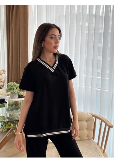 Ahes Shopping Kadın Kısa Kollu V Yakalı Iki Iplik Bluz Ve Pantolon Ikili Takım Siyah