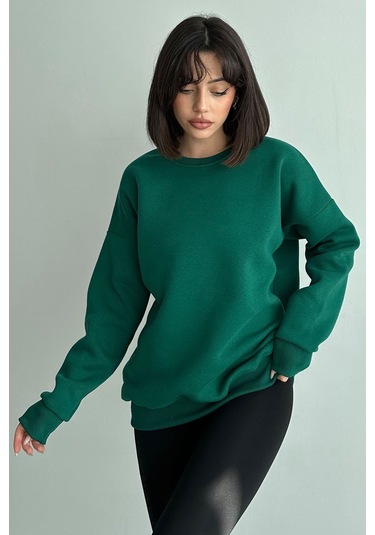Kadın Bisiklet Yaka Oversize Sweatshirt Nefti Yeşili