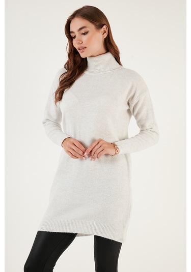 Lela Balıkçı Yaka Uzun Kollu Triko Bayan Tunik 4614585 Açık Gri