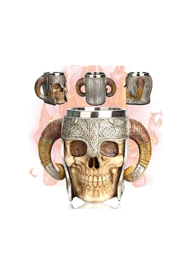 Ortaçağ Viking Savaşçı Kafatası Tasarımlı Kupa Bardak Koleksiyonluk Ve Tematik Hediye Çok Renkli