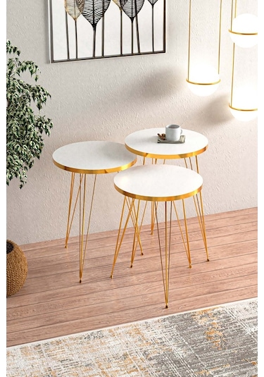 Beyaz Gold Metal Ayaklı Gold Detaylı Zigon Sehpa