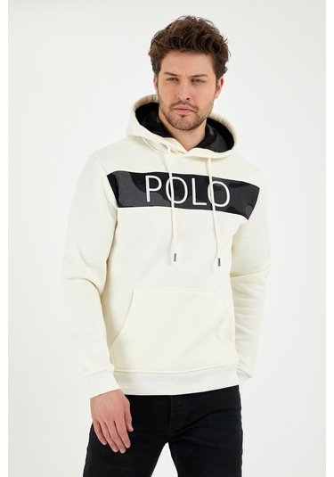 Erkek 3 İplik Pamuklu İçi Polarlı Regular Fit Nakışlı Kapüşonlu Kanguru Cepli Ekru Sweatshirt Ekru