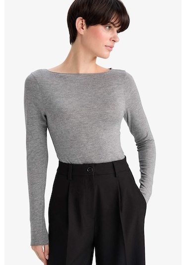 Defacto Modal Kaşmir Yumuşak Dokulu Kayık Yaka Uzun Kollu Üst-fall İn Love F2264ax25augr377 Gri