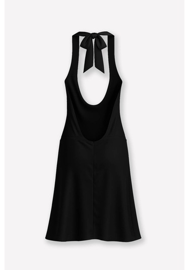 Kadın Boyundan Bağlamalı Sırt Dekolteli Saten Elbise Siyah