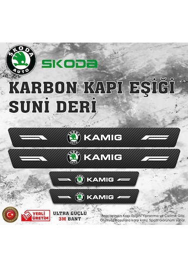 Skoda Kamıg Uyumlu Deri Karbon Kapı Eşiği Koruyucu Bant 4 Adet