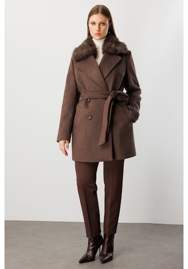 Ekol Kadın Büyük Beden Yakası Kürklü Kaban 6333 Kahverengi Kahverengi