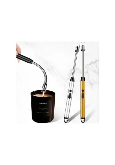 Elmpaly Usb Şarjlı Ark Çakmak Gümüş + Altın 2'li Set - Mumlar Barbekü Kamp İçin Kompakt Mutfak Aleti 170mah Pil Hızlı Ateşleme Altın