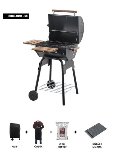 Grillord 50 Kömürlü Barbekü 1 Adet Döküm Izgaralı + Hediye Seti Siyah