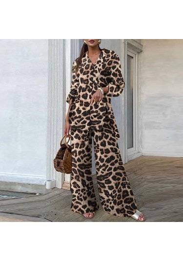 Zanzea Bahar 2 Adet Setleri Kadın Leopar Baskı Gömlek Ve Uzun Pantolon Geniş Bacak Haki