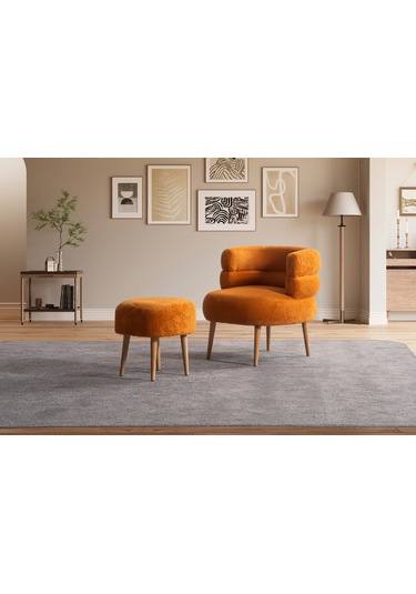 Barel Özel Tasarım Çay Seti, Berjer Ve Puf Ofis Balkon Cafe Bahçe Salon Mobilyası 2 Li Takım Turuncu Turuncu