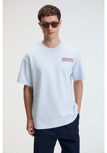 Grimelange YUM Erkek Oversize Baskılı Yuvarlak Yaka Mavi T-Shirt