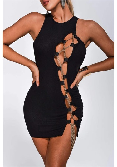 Bayan Zincirli Siyah Mini Elbise Siyah