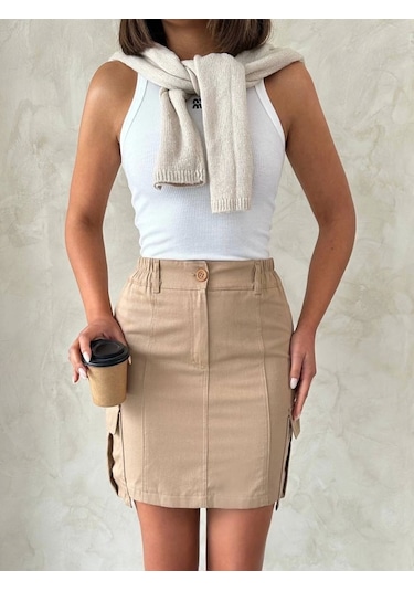 Kargo Cep Mini Etek Bej