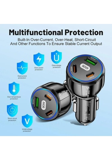 90w Araç Şarj Cihazı Pd Qc3.0 Usb Tip-c Hızlı Araç Şarjı Telefon Adaptörü İphone 14 15 Pro/max Samsung Huawei Xiaomi İçin Arabada Black
