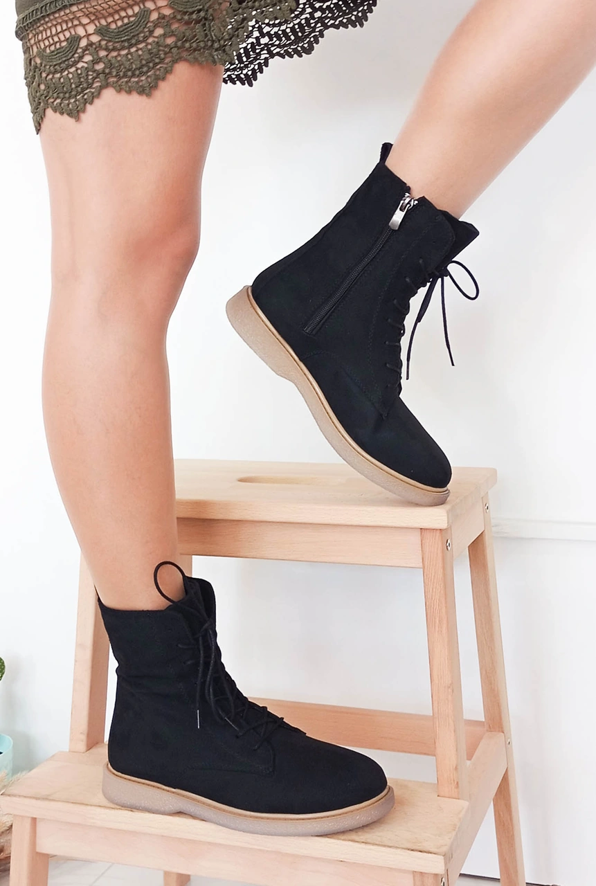 Gdt Ayakkabı Siyah Süet Bağcıklı Fermuarlı Kadın Bot Siyah