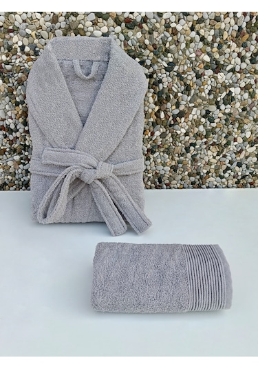 Kadın/erkek Unısex Şalyaka Bornoz Havlu 2 Parça Gri